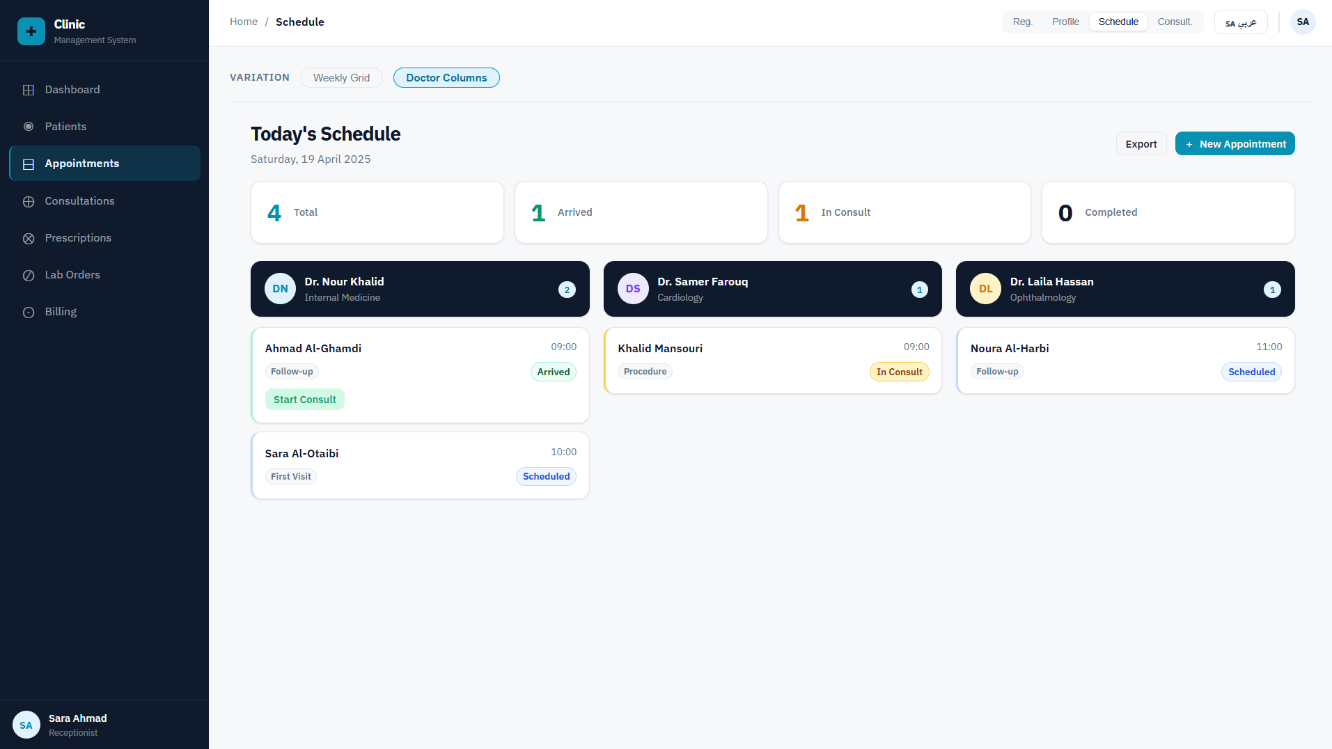 EKAO Clinic — Side Panel SOAP consultation with doctor column layout showing patient summary and vitals